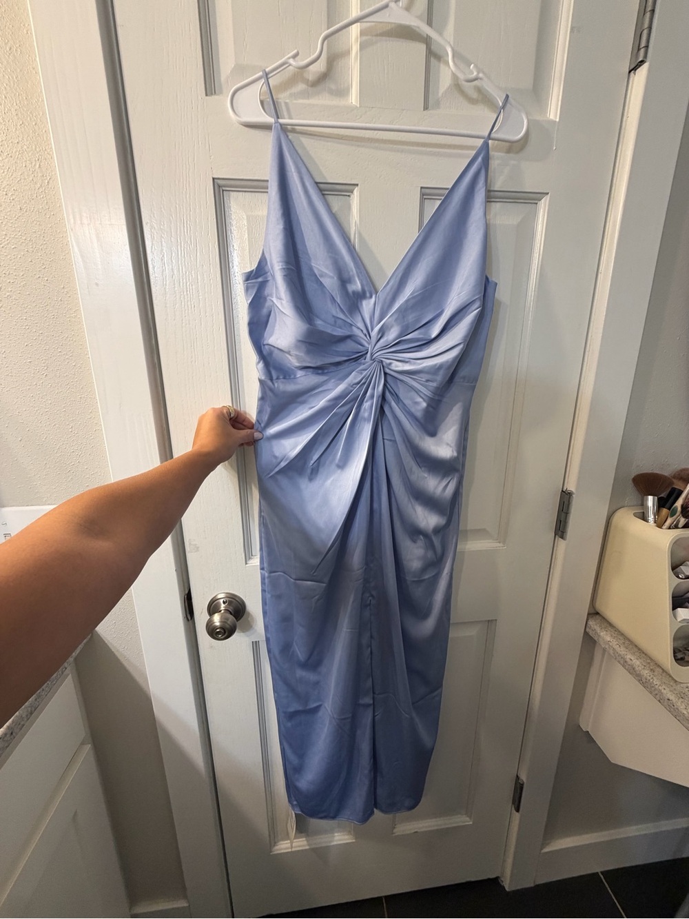 NWT Satin Twist-Front Slip Dress in Light Blue - Picture 2 of 7